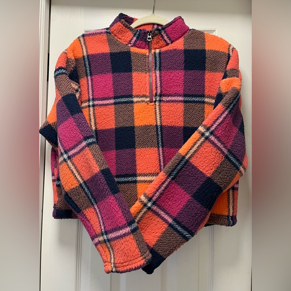American Eagle Pink/Orange Plaid fleece Quarter Zip Jacket, Size Medium NWT